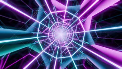 VJ loop background with abstract tunnel made of bright blue pink neon lines and mirror reflections