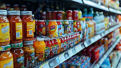 Shelves showcase an array of colorful jars and bottles, highlighting diverse food options