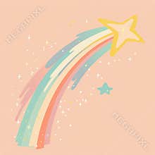 Shooting star, The illustration with a pastel pink, yellow, blue, green and orange palette conveying a celestial theme