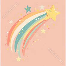 Shooting star, The illustration with a pastel pink, yellow, blue, green and orange palette conveying a celestial theme