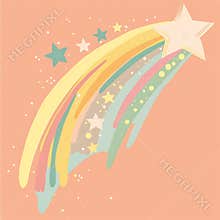 Shooting star, The illustration with a pastel pink, yellow, blue, green and orange palette conveying a celestial theme