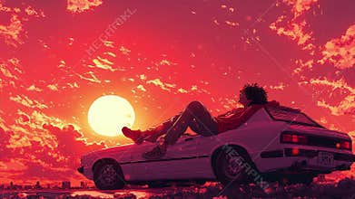 A man sitting on top of a car looking at the sun.
