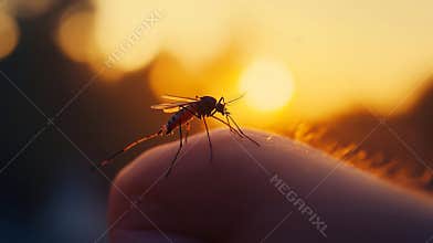 Mosquito perched on human skin at dusk, highlighting the risk of malaria and other diseases