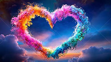 Vibrant Neon Heart: Abstract Love in Colorful Cosmic Landscape with Dreamlike Clouds. Valentine\'s day concept