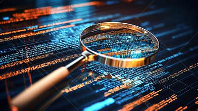 IT Security Risk Assessment concept depicted with a magnifying glass focused on a document, illustrating scrutiny and