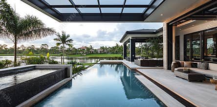 Stylish lanai patio on the waterfront of a Florida luxury mansion with a screened in pool, exterior design of the home