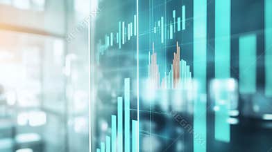 Glowing stock market graphs show profits rising in a modern office. Futuristic tech and data tools hint at business