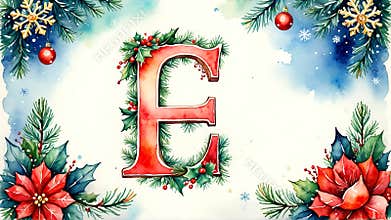 Elegant christmas letter e with festive holly and pine accents