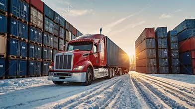 Red truck carrying cargo container leaving logistics hub in winter at sunset