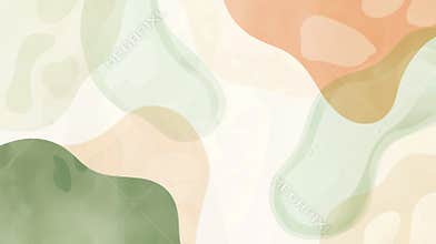 Soft organic shapes in pastel green, beige, and orange hues create a serene and calming abstract background, ideal for