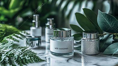 Elegant skincare products with exosomes on marble with greenery for beauty and spa design