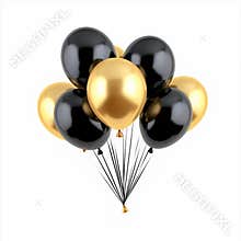Bouquet of 9 black and gold balloons tied together with black strings on isolated transparent background. Black balloons in