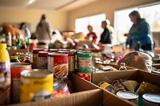 Volunteers working in community center and arranging donated food and water in boxes. Grocery donation, food bank, help