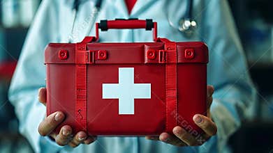A healthcare worker holds a red first aid kit in a clinical setting, highlighting the importance of first aid in