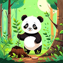 Cute cartoon panda planting a tree in a lush green forest