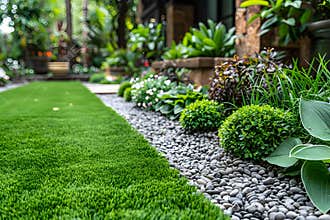 Lush Garden with Vibrant Greenery and Decorative Pebbles for Outdoor Landscaping Generative AI