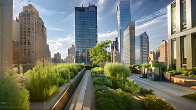 Rooftop oasis: escape from urban skyscrapers with lush greenery and flowers, Rooftop gardens and terraces nestled among towering