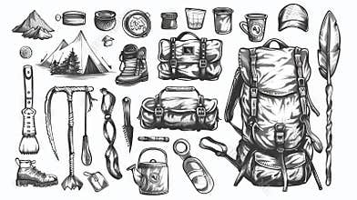 Black and White Adventure Equipment Collection with Camping Gear. Backpack, Boots, and Outdoor Essentials for Hiking