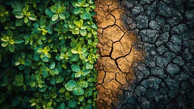 Contrast between lush green foliage and cracked dry earth symbolizing nature and climate change