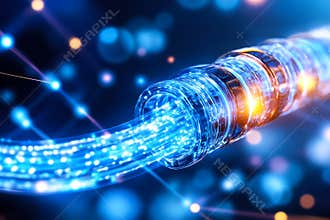 Fiber optic cables emit a glowing blue light, showcasing advanced technology in telecommunications and data transfer