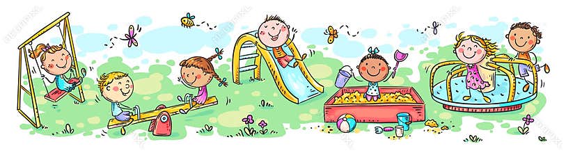 Happy cartoon little kids on playground, children playing outdoor on slide, swing and merry-go-round, summer season
