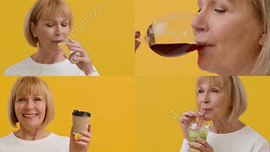 A joyful woman savoring various beverages against a vibrant yellow backdrop