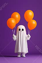 A cheerful ghost in a white sheet holding bright orange balloons against a vivid purple background
