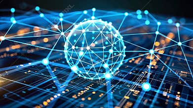 A digital network visualization with interconnected nodes and glowing lines against a dark backdrop representing modern