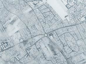 Aerial view of heavy snow on the city of Kingersheim, Alsace, France.
