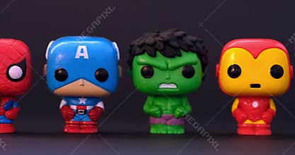 Five Marvel Funko POP Mini Vinyl Figures - Spider-Man, Captain America, The Hulk, Iron Man and Thor on a black background.