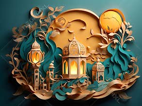 Ramadan Kareem and Eid Mubarak paper cut style with lantern on green color background.