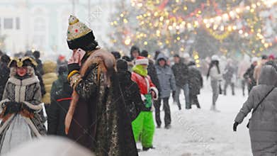 Russia, St.Petersburg, 30 December 2023: Actor in the role of Peter the Great is near the main Christmas tree shimmers