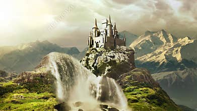 Fantasy castle in high mountains animated