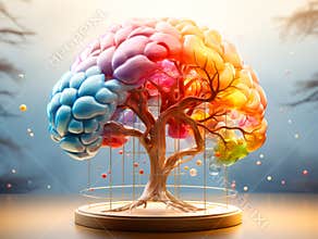 brain in tree shape with gyri highlighted in different colors. mind and emotions in balance
