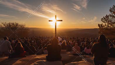 Organize a community sunrise service to celebrate the resurrection of Jesus Christ. Silhouette of christian prayers while praying