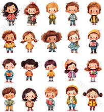 Cute cartoon little children standing with books, full height, preschoolers boys and girls. Happy kids clipart collection isolated