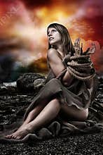 Woman with tied up hands