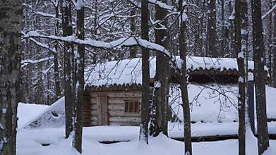 A dugout built of logs, the scene in a forest in wintertime