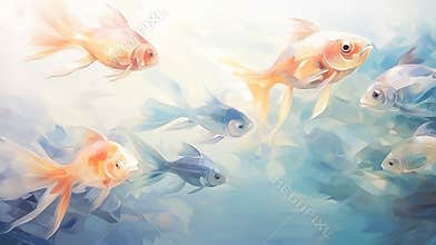 Exotic fish light background. Transparent watercolour. Pastel colour palette. Generative AI