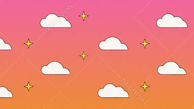 Sky with moving clouds and stars in 70s retro cartoon style