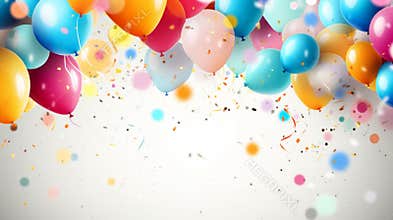 \'Happy Birthday\' banner with balloons and confetti falling