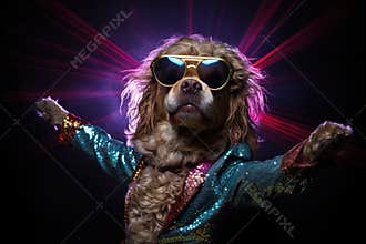 Disco-dog groovy dance moves disco ball reflections funky outfit party Generative AI