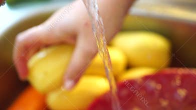 Vegetables in the sink, hands wash vegetables under a stream of water from a tap. Preparation Ukrainian borscht, peeled