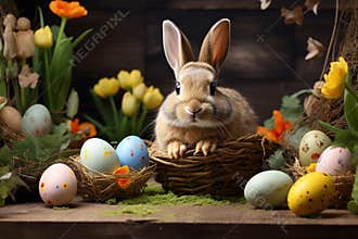Easter bunny hidden in a basket with Easter eggs. Happy Easter