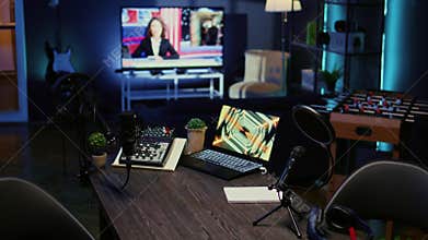 Live broadcasting space in dimly lit apartment