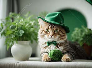 St Patricks Day Cat with Green Eyes at home