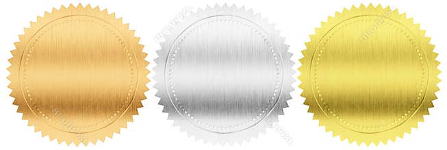 Gold, silver and bronze foil stamps set isolated