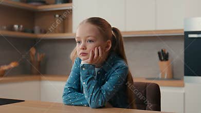 Moving camera sorrow grief worried little offended Caucasian sad upset bored child girl schoolgirl orphan unhappy lonely
