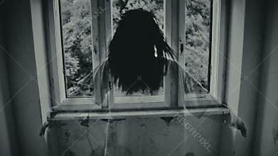 Horror scene of a scary woman in white dress and long hair