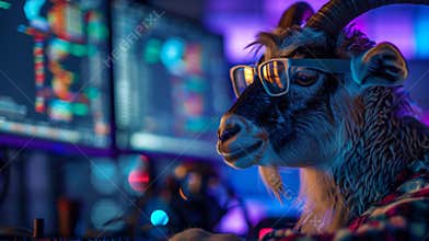 A goat wearing glasses and sitting at a computer keyboard, AI
